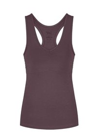 Mörklila V-ringad linne med figurnära passform, breda axelband och rynkdetalj i mitten. Mjuk, elastisk tyg.