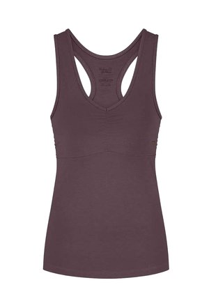 Débardeur à col en V de couleur violet foncé, présentant une coupe ajustée, des larges bretelles et un détail froncé au centre. Tissu doux et extensible.