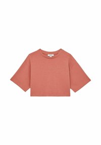 Afklippet t-shirt i blødt, ensfarvet terracotta-stof. Har korte ærmer, rund halsudskæring og en afslappet pasform.