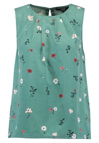 Top senza maniche floreale in tessuto verde con pieghe, caratterizzato da piccoli motivi floreali rossi, bianchi e rosa, scollatura rotonda e dettaglio a chiave sul retro.