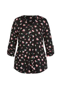 Camicia nera con motivo floreale in rosa, rosso e verde; apertura con bottoni; maniche a tre quarti con risvolti; texture di tessuto morbido.