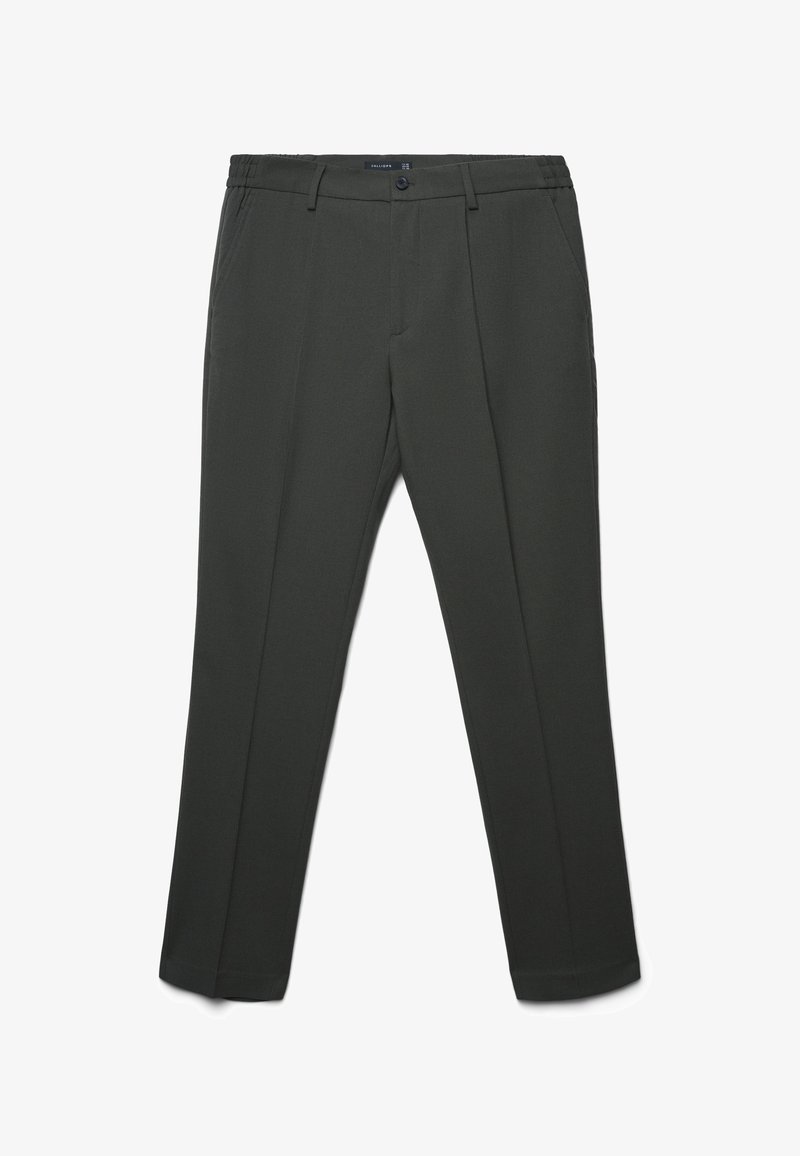 Pantaloni verde scuro realizzati in un tessuto liscio, dotati di chiusura con bottone, tasche laterali e vestibilità affusolata. Senza motivi distintivi.