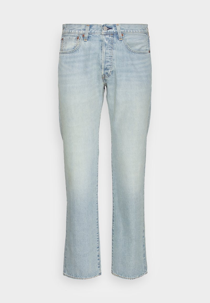 Hellblau gefärbte Denim-Jeans mit geradem Bein, Fünf-Taschen-Design und Gürtelschlaufen. Ausgewaschene Optik mit minimalen Nähten.