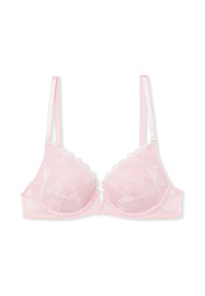 Hellrosa gepolsterter BH mit herzförmigem Überzug, gewellten Kanten, verstellbaren Trägern und einem zentralen dekorativen V-förmigen Akzent.