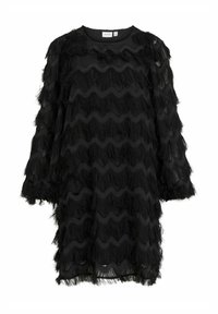 Robe noir en tissu léger, avec un détail frangé ondulé. Manches longues, encolure ronde et motif texturé sur l'ensemble.