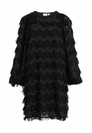 Sort kjole lavet af letvægtsstof, med bølgede, frynset detaljer. Lange ærmer, rund udskæring og struktureret mønster over det hele.