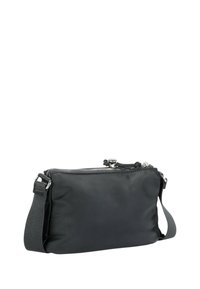 Borsa a tracolla nera in nylon con chiusura a zip, tracolla regolabile e accessori in argento, caratterizzata da una superficie liscia e forma rettangolare.