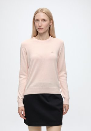 Donna con capelli biondi lisci che indossa un maglione rosa chiaro a maniche lunghe e una gonna nera, in piedi davanti a uno sfondo bianco semplice.