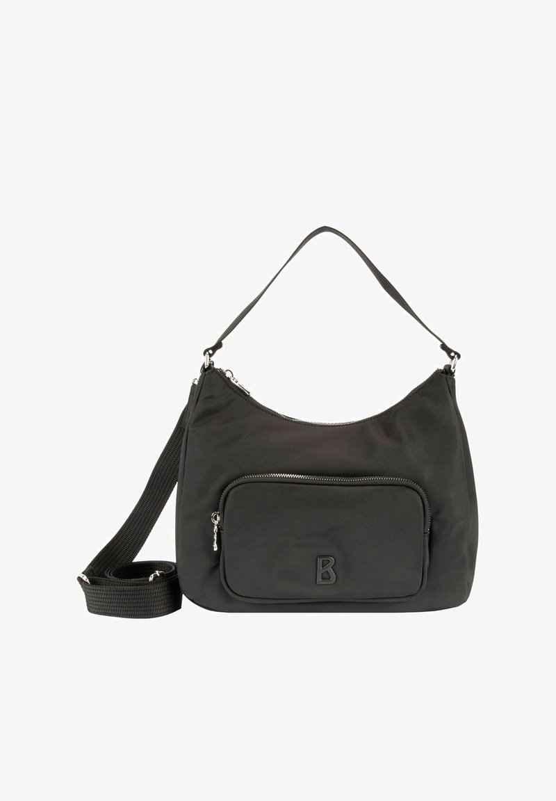 Zwarte nylon schoudertas met verstelbare band, afgeronde bovenkant, voorvak met ritssluiting en reliëflogo. Glad oppervlak en minimalistisch ontwerp.