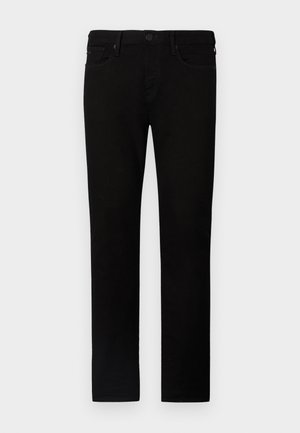 Jeans de ganga pretos com um corte reto, apresentando um fecho de botão, cinco bolsos e detalhes de costura discretos. Textura suave e acabamento liso.