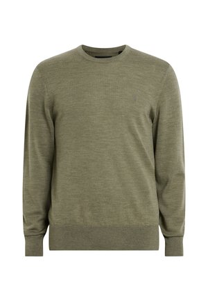 Olivkowy sweter z lekkiego dzianiny, z okrągłym dekoltem, długimi rękawami i ściągaczem na dole. Subtelny detal logo na piersi.