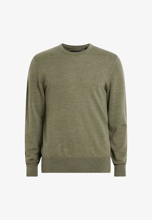 Olivkowy sweter z lekkiego dzianiny, z okrągłym dekoltem, długimi rękawami i ściągaczem na dole. Subtelny detal logo na piersi.