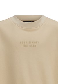 Felpa beige con scollatura a girocollo e lettering testurizzato che recita "SEI SEMPLICEMENTE IL MIGLIORE". Tessuto morbido con una finitura liscia.