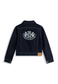 Σκούρο τζιν μπουφάν με λευκό λογότυπο Juicy Couture, κορώνα και δύο λιοντάρια κεντημένα στην πλάτη, καθώς και δερμάτινη ετικέτα κοντά στο τελείωμα.