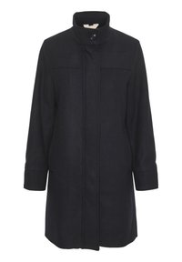 Marineblå uldblandingsfrakke med høj krave, frontlukning med knapper og sidelommer. Har lange ærmer og en lige silhuet med minimal syning.