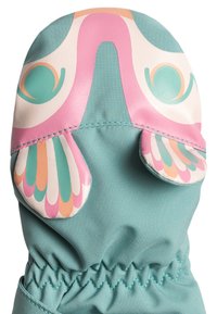 Moufles pour enfants en tissu teal avec un design d'oiseau coloré. Présente un motif lisse rose et turquoise avec des accents décoratifs.