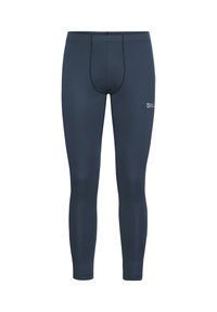 Navyblaue Leggings aus dehnbarem Material, mit enger Passform, verstärkten Nähten und einem Logo-Patch am Unterschenkel.
