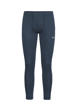 Marineblauwe legging van rekbaar materiaal, met een nauwsluitend ontwerp, versterkte naden en een logopatch op het onderbeen.