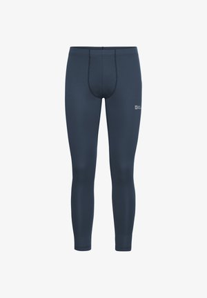 Leggings blu navy realizzati in materiale elastico, con una vestibilità aderente, cuciture rinforzate e un patch logo sulla parte bassa della gamba.