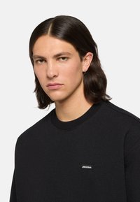 Sudadera negra de cuello redondo hecha de un tejido texturizado, con un pequeño parche del logo de Dickies en el pecho y un cuello acanalado.
