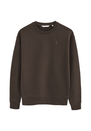 Mørkebrun langærmet sweatshirt med rund hals, ribstrikkede manchetter og kant, med lille broderet logo på venstre bryst.
