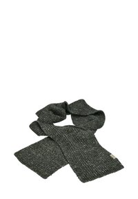 Dark gray knitted wool scarf folded with visible texture and a small beige brand label on one end, isolated on white.