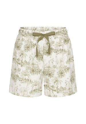 White shorts with light green tropical floral print and olive green drawstring waist tie.