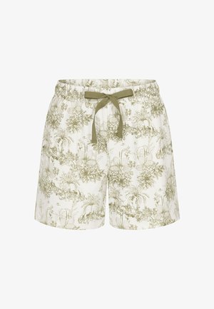 Białe szorty z jasnym zielonym tropikalnym kwiatowym wzorem i oliwkowozielonym wiązaniem w pasie na gumce.
