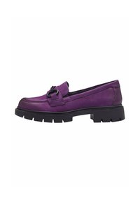 Purple leather slip-on shoe with a rounded toe, black chunky sole, and decorative strap detail with a loop accent.