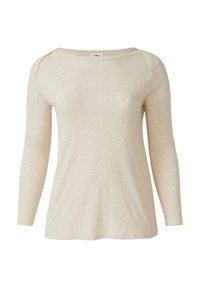 Beige longsleeve top van zacht, textuurstof met een brede bootnek en subtiele schoudernaden. Aansluitend bij de taille, met een lichte flare.