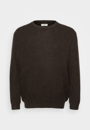 Dark brown knit sweater featuring a round neckline, long sleeves, and a textured fabric. Simple design with no visible patterns or accents.