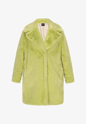 Umělý kožich v jasné limetkové barvě, s širokým límcem, dvěma bočními kapsami a rovnou siluetou. Jemná textura s hladkým podšívkou.