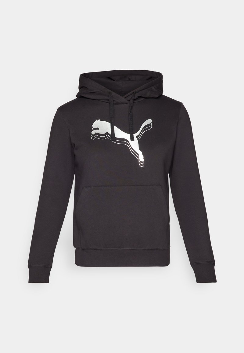 Schwarzer Hoodie aus weichem Material mit einer Fronttasche, Kordelzugkapuze und einem weißen Puma-Logo-Print auf der Brust.