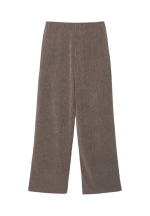 Pantaloni maro tricotati cu picioare largi, talie înaltă și croială dreaptă, afișați întinși pe un fundal alb.