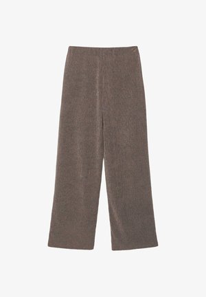 Brune strikkede bukser med vide ben, høj talje og lige snit, lagt fladt på en hvid baggrund.