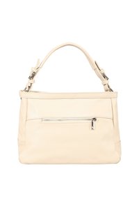 Crèmekleurige leren handtas met een gestructureerde vorm, een smalle bovenste handgreep, een voorvak met rits en zilverkleurige hardware accenten. Gladde textuur overal.