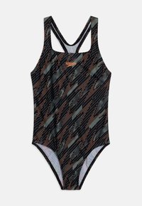 Maillot de bain une pièce avec une base noire et un motif géométrique en vert et orange, fabriqué à partir d'un tissu lisse et extensible.