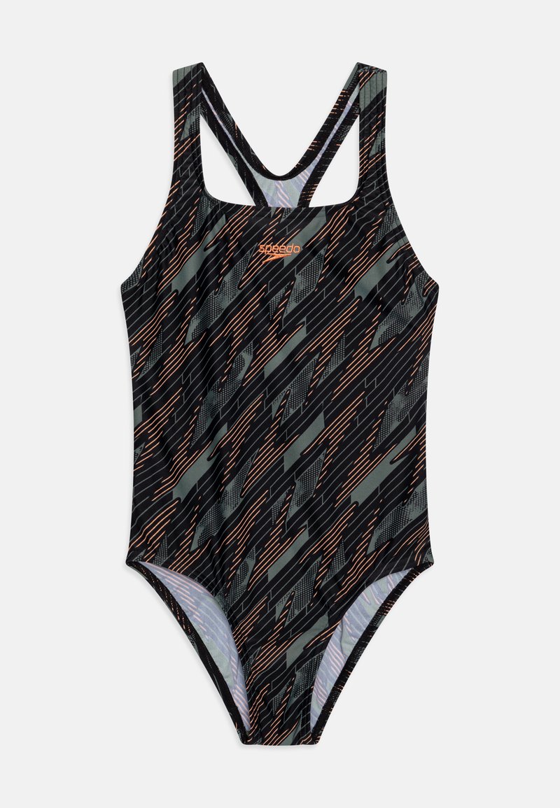Enodelni kopalni kostim z črno podlago in geometrijskim vzorcem v zeleni in oranžni barvi, izdelan iz gladkega, raztegljivega materiala.