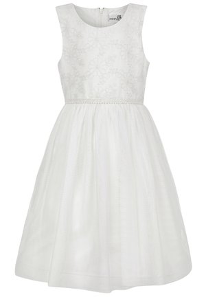 Weißes ärmelloses Kleid mit floraler Stickerei auf dem Oberteil, einer strukturierten Stoffqualität und einem mehrlagigen Tüllrock mit einem Satinbund an der Taille.