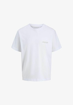 Tricou alb din bumbac cu guler rotund, mâneci scurte și un mic logo gri în zona stângă a pieptului. Design clasic cu croială dreaptă.