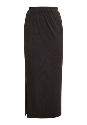 Czarna, prążkowana spódnica midi z elastycznym paskiem w talii, bocznym rozcięciem i gładką fakturą. Posiada prosty krój i minimalistyczny design.