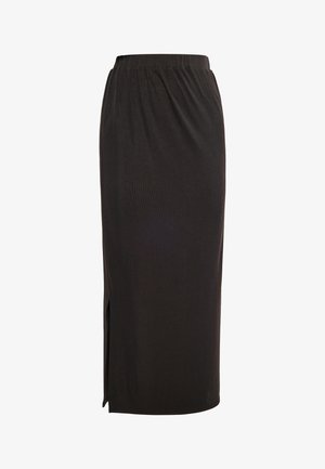 Czarna, prążkowana spódnica midi z elastycznym paskiem w talii, bocznym rozcięciem i gładką fakturą. Posiada prosty krój i minimalistyczny design.