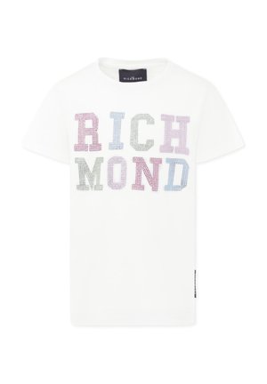 Witte korte mouwen t-shirt met "RICHMOND" in multicolore strass. Klassiek crew neck ontwerp met een zachte stoftextuur.