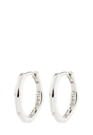 Zilverkleurige kleine onregelmatig gevormde oorringen met de gravure "PILGRIM" aan de binnenkant van elke oorbel, weergegeven op een witte achtergrond.