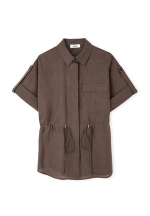 Short-sleeve brown linen shirt featuring a collar, chest pocket, drawstring waist, and buttoned roll-up cuffs.