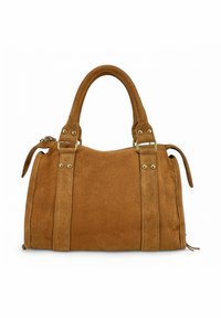 Sac à main en suede marron avec poignées doubles et quincaillerie dorée. Doté d'une forme structurée et de poches latérales, il met en avant une texture douce.