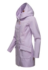 Light purple waterproof jacket with a high collar, front zipper, large pockets, and a logo detail. Classic design with smooth texture.