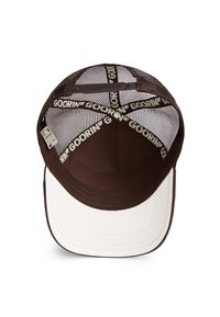 Cappellino da baseball marrone con un pannello frontale bianco, retro in rete e interno che presenta il marchio "GOORIN'" sulla fascia asciugante e sulle cinghie.