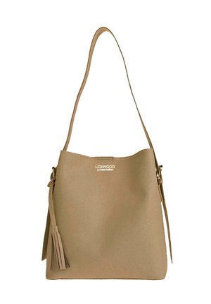 Sac à bandoulière en cuir camel avec détail à glands et sangle réglable, arborant le logo "Loxwood Le Chais Parisien" à l'avant.