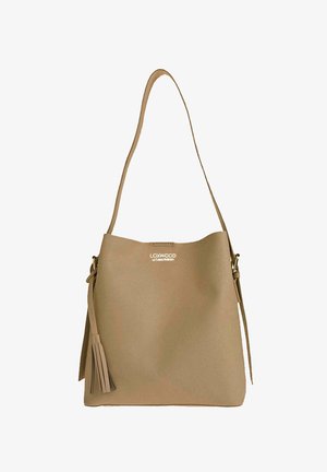 Sac à bandoulière en cuir camel avec détail à glands et sangle réglable, arborant le logo "Loxwood Le Chais Parisien" à l'avant.